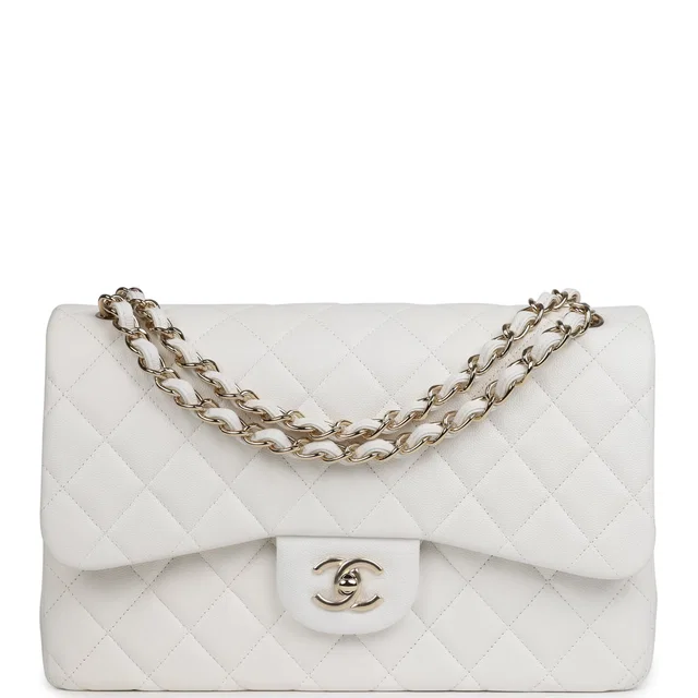 Chanel Jumbo Classic Double Flap White Caviar Light Gold Hardware in White Caviar leather from Madison Avenue Couture