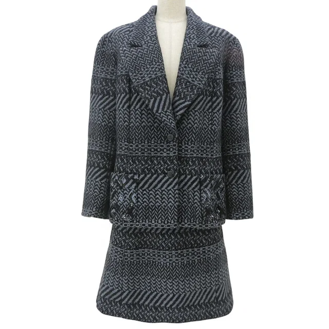 Chanel 2000 Wool Design Pattern CC Mark Button Set-up #46 Gray/Black in Black Wool from VINTAGE QOO TOKYO