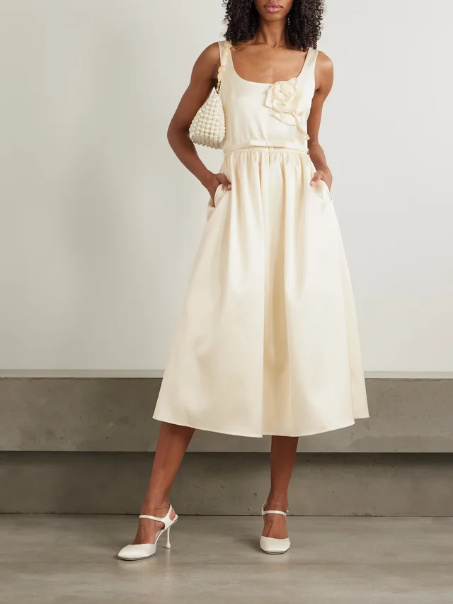 SELF-PORTRAIT Appliquéd belted satin midi dress in Beige, photo 2 of 2 from NET-A-PORTER (Canada)
