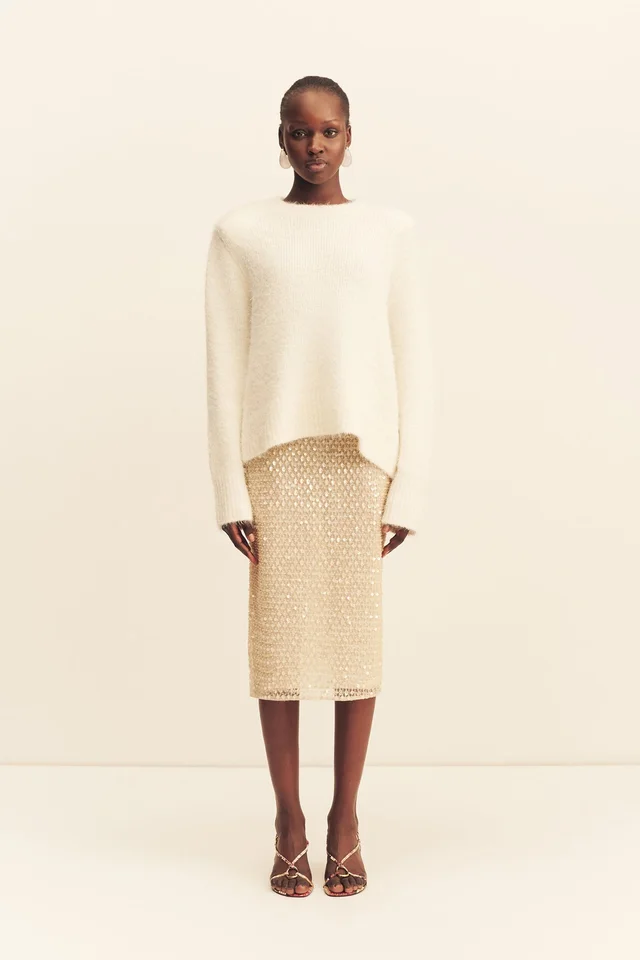 Shona Joy EVERLY SEQUIN MIDI SKIRT WITH DETACHABLE LINING - MACADAMIA from Shona Joy, photo 1 of 1