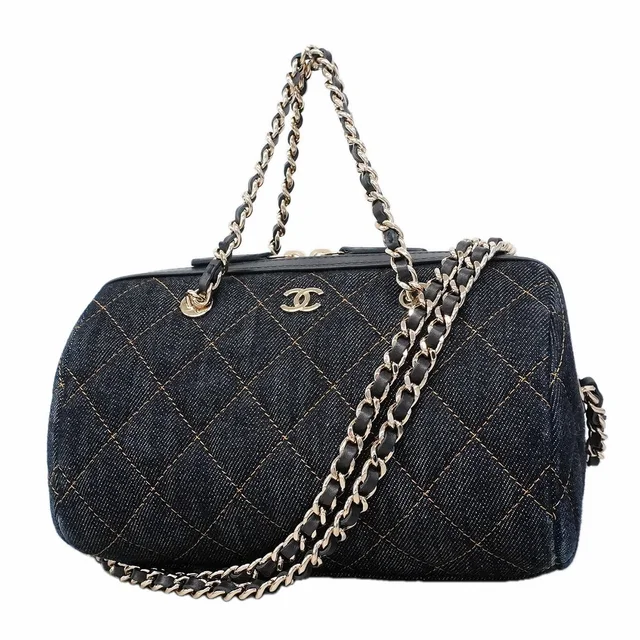 Chanel Handbag Quilted Denim Navy Champagne Gold 2-Way Bag in Navy Denim from The Reluxe