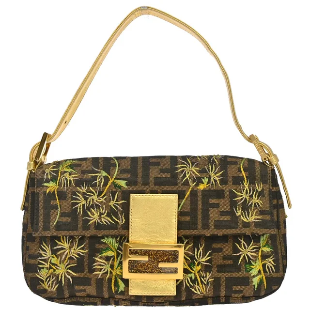 Fendi Brown Canvas Zucca Palm Tree Embroidery Baguette Handbag in Brown Canvas from AMORE Vintage Tokyo