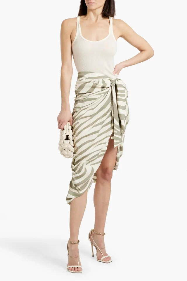 Balmain Zebra-Print Wrap-Effect Twill Midi Skirt in Stone, photo 2 of 4 from THE OUTNET