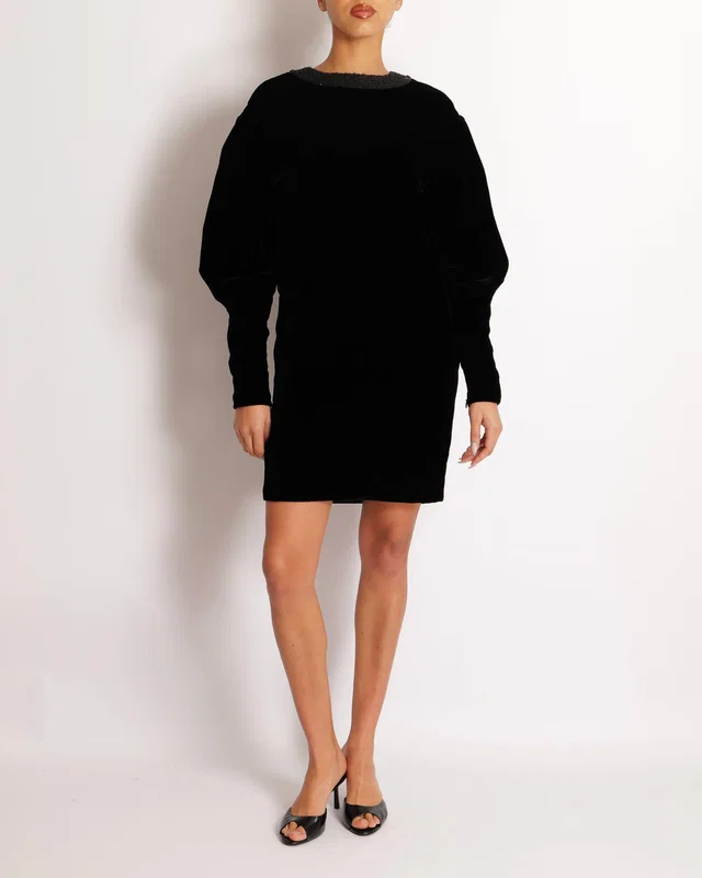 Chanel Black Velours Mini Dress with Black Tweed and Sequins Neckline Detail with Gold CC Logo… in Black Tweed from Sellier