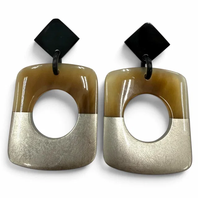 Hermès Buffalo Horn Sellier Post Earrings Beige Silver Dark Brown in Brown from The Reluxe