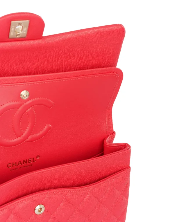 Chanel Vibrant Red Quilted Caviar Leather Classic Double Flap Bag in Red Caviar leather from Luxury Promise, photo 9 of 13