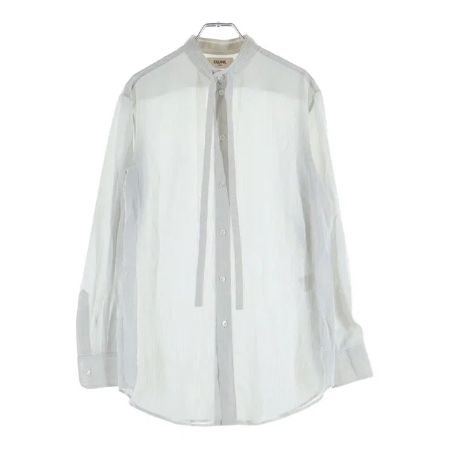 Celine Striped Silk Bow Tie Long Sleeve Shirt Blouse White in White Silk from The Reluxe
