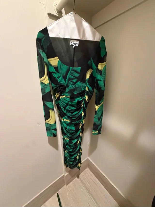 GANNI Black Dress With Green And Yellow Leaf Print, Ruched Long Sleeve in green|yellow from Poshmark