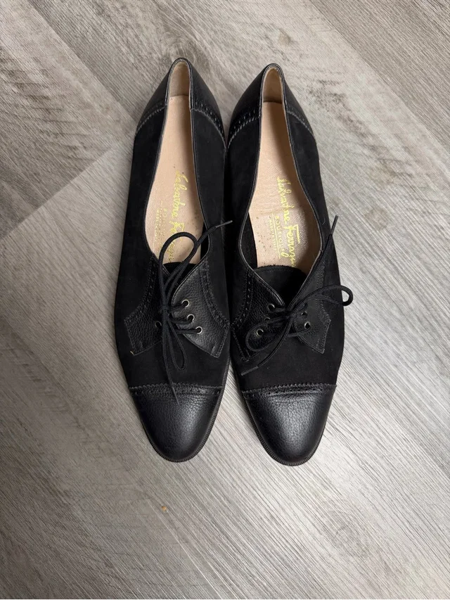 Ferragamo Leather And Suede Lace-Up Flats in black Suede from Poshmark