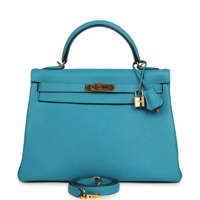 Hermès Kelly Retourne 32 Turquoise Clemence Gold Hardware in Blue Clemence leather from Madison Avenue Couture