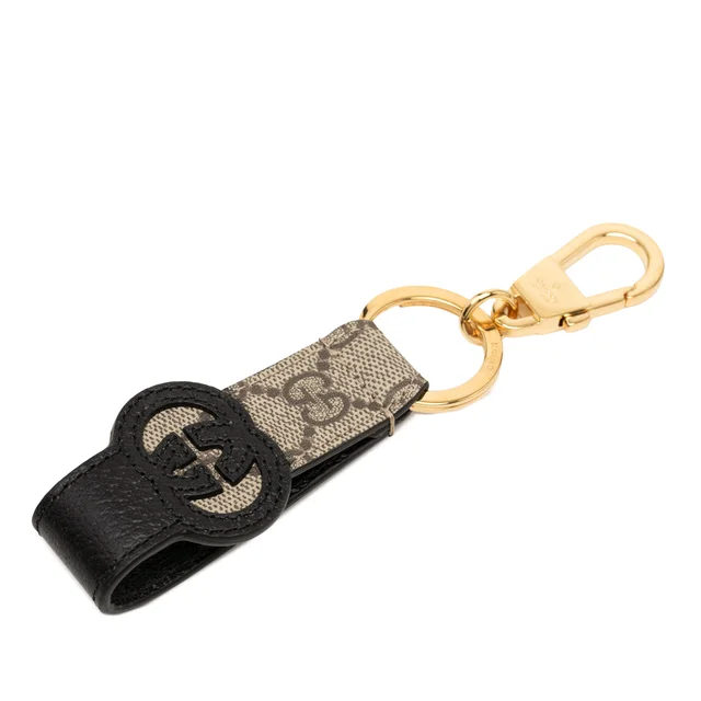Beige Gucci GG Supreme and Calfskin Interlocking G Bag Charm and Key Ring in Beige Calfskin from Designer Revival