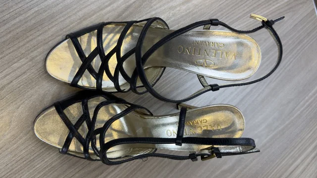 Valentino Garavani Cage Heels Black Gold Size 37.5 Strappy Leather Stiletto in black Leather from Poshmark