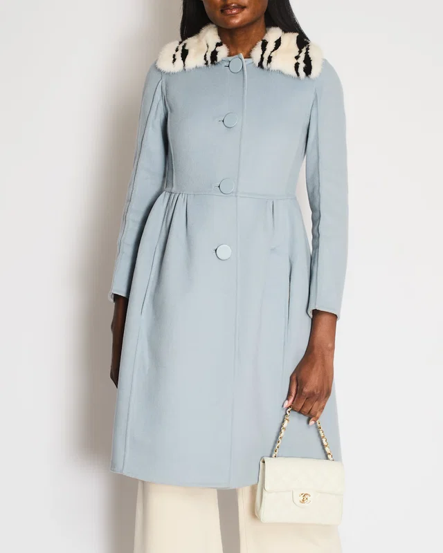 Fendi Light Blue Wool Coat with Black and White Mink Fur Collar Size IT 38 (UK 6) in Black Wool from Sellier