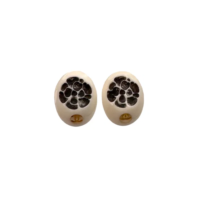 Chanel Camellia Earrings Cocomark White Black Accessory 02P in Black from Luxury Promise
