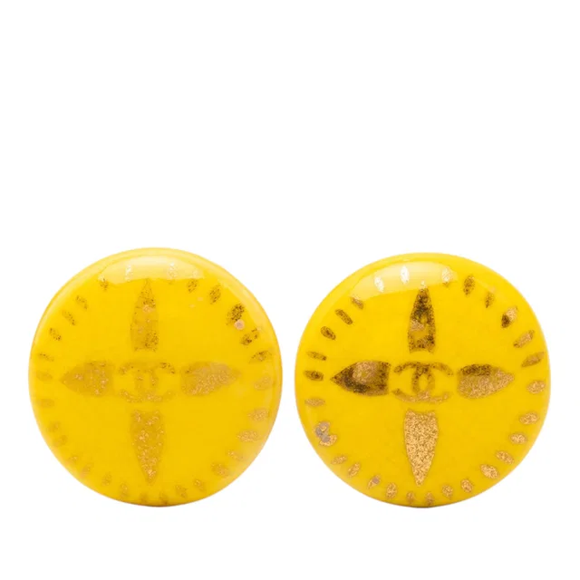 Yellow Chanel CC Resin Round Clip On Earrings in Yellow Resin from Designer Revival