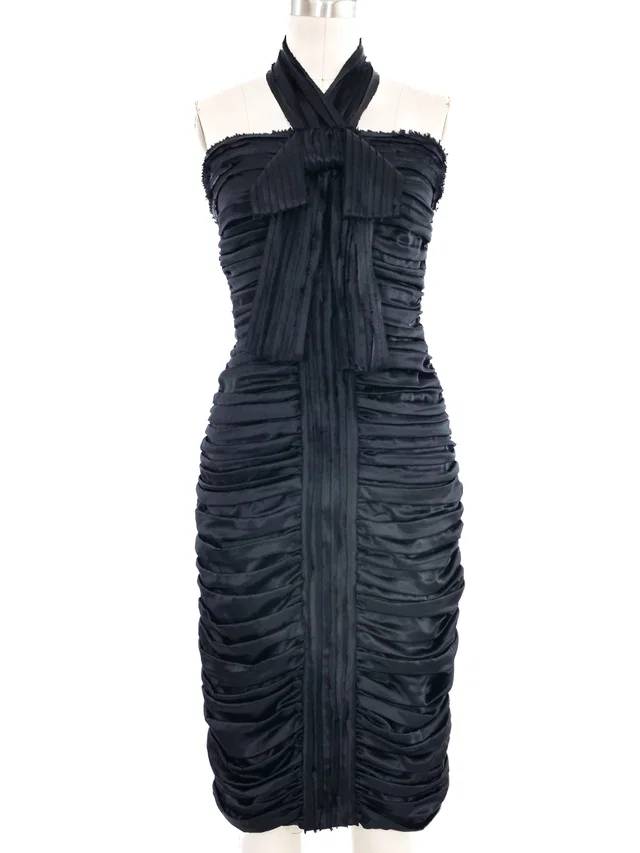 Dolce & Gabbana Ruched Black Satin Dress in Black Satin from Arcade Vintage