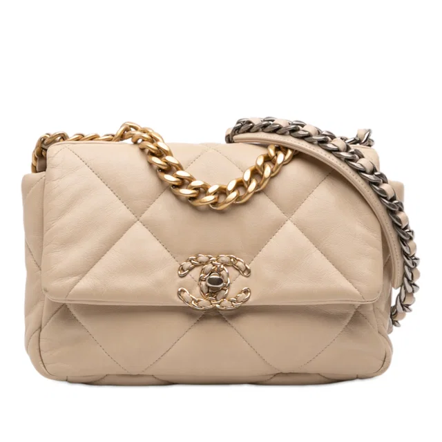 Beige Chanel Medium Lambskin 19 Flap Satchel in Beige Lambskin from Designer Revival
