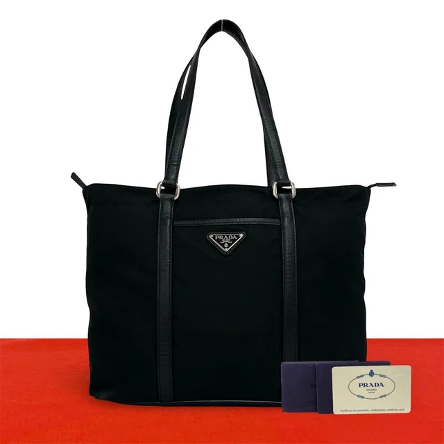 Prada Triangle Logo Tessuto Pocono Nylon Saffiano Leather Tote Bag Business in Saffiano leather from The Reluxe