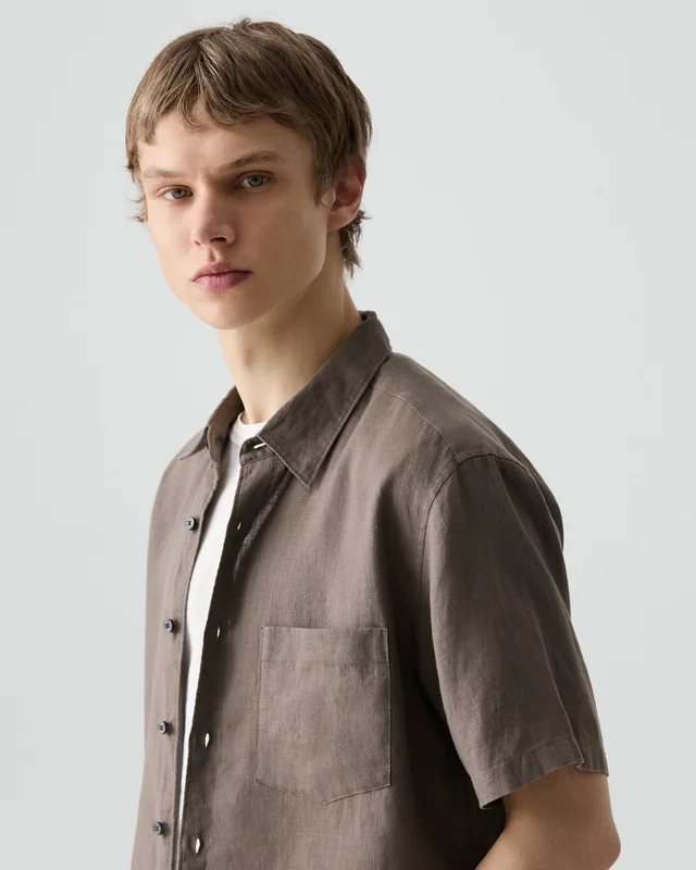 Theory Irving Short-Sleeve Shirt in Relaxed Linen in MOREL 100% Linen, photo 4 of 12 from Theory
