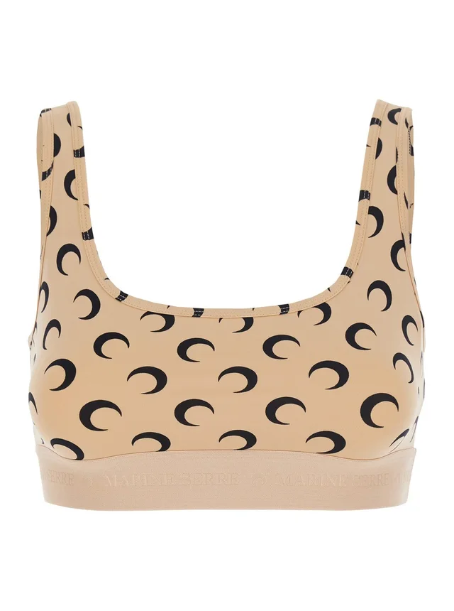 MARINE SERRE Beige Sports Bra with Moon All-Over Print and Logo Lettering in Tech Fabric for Women in Beige 88% Polyamide 12% Elastane, photo 2 of 6 from Gaudenzi Boutique