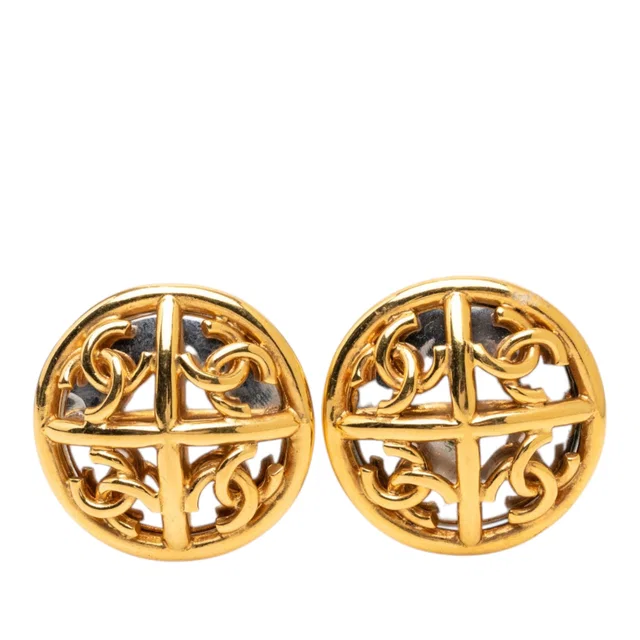 Gold Chanel CC Gold Plated Round Mirror Clip On Earrings in Gold from Designer Revival