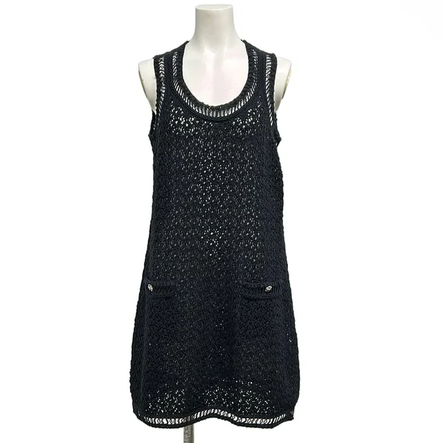 Chanel Dress Black Crochet Camellia Button Sleeveless Cotton in Black Nylon from The Reluxe