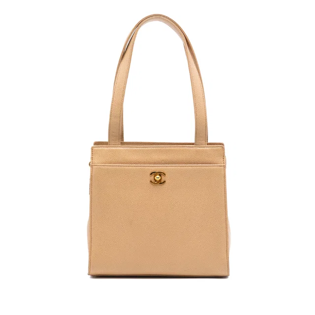 Tan Chanel CC Caviar Turn Lock Tote in Brown Caviar leather from Designer Revival