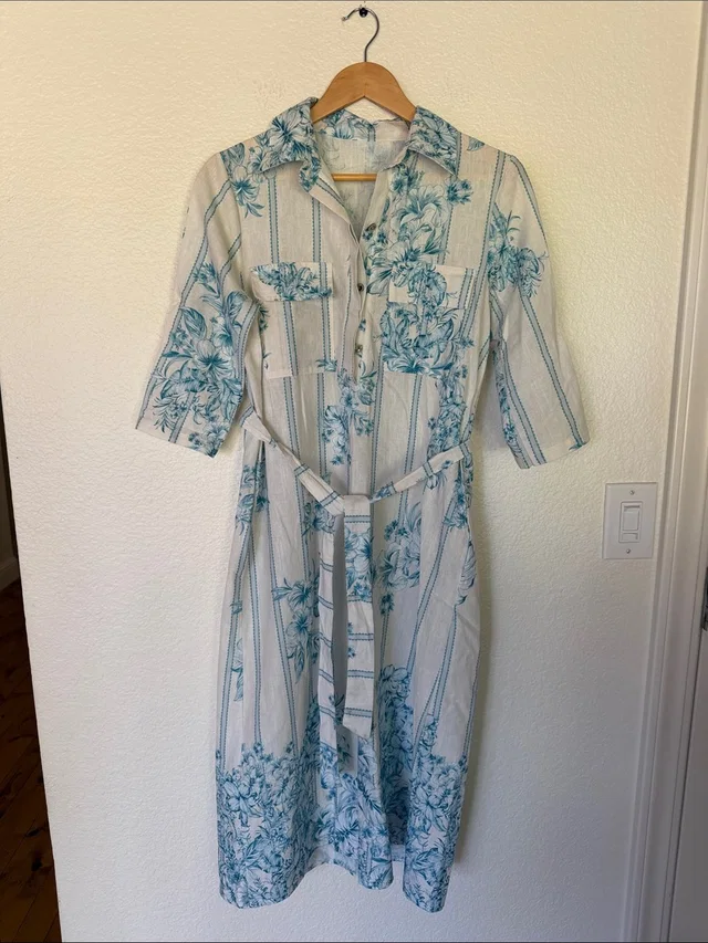 Zimmermann Women's Teal Floral Shirt Dress With Belt in white|blue from Poshmark, photo 1 of 1