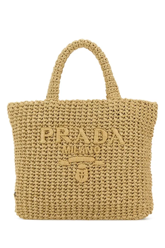 Prada Raffia And Calf Leather Tote Bag — Beige Vi-calf in Beige Calfskin from HEWI
