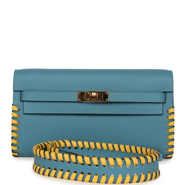 Hermès Kelly To Go Tressage Wallet Blue Jean Epsom and Sun Swift Gold Hardware in Blue Epsom leather from Madison Avenue Couture