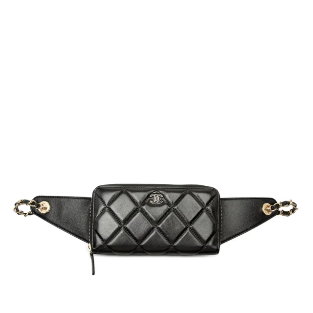 Black Chanel CC Quilted Lambskin Waist Chain Wallet Belt Bag in Black Lambskin from Designer Revival