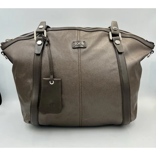 Tod's Gray Beige Dark Brown Coated Canvas Leather Tote Bag in silver|gray|brown|red Coated canvas from Poshmark, photo 1 of 1