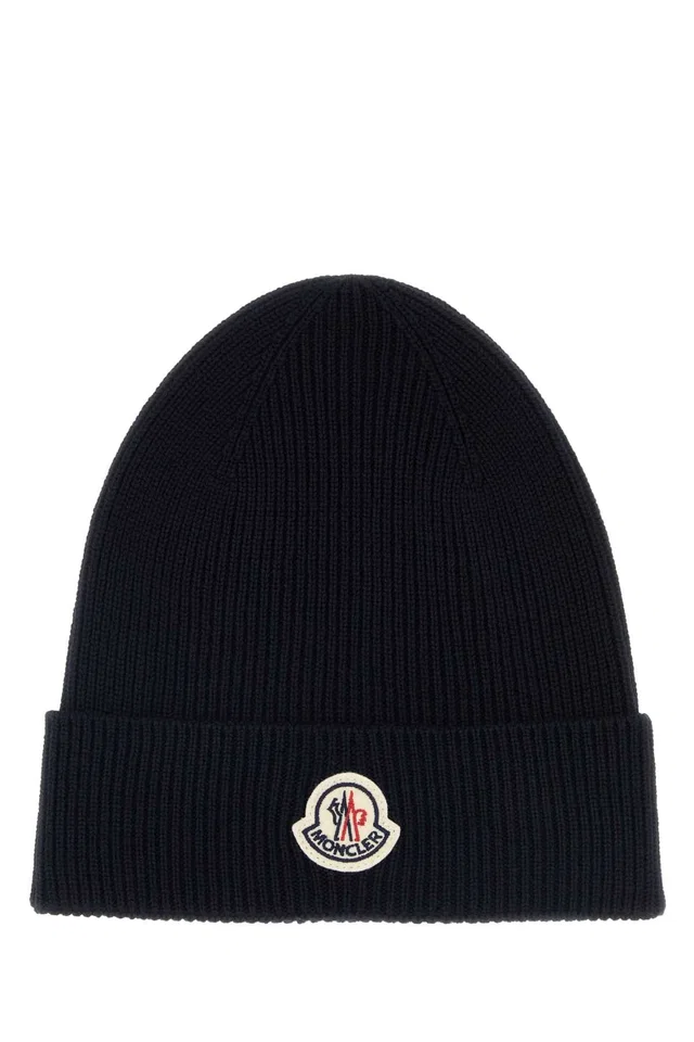 Moncler Hat Virgin Wool Ribbed Beanie — Navy Exterior: Beanies in Navy Wool from HEWI