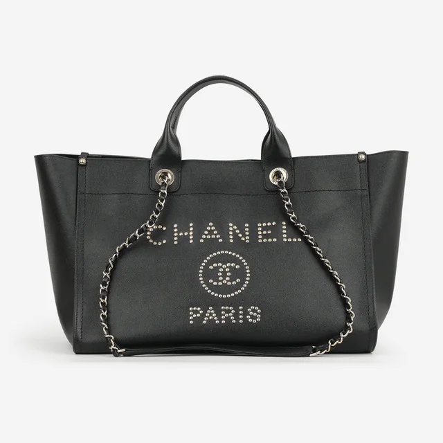 Chanel Large Deauville - Black Studded Caviar | Champagne Gold Hardware in Black Calfskin Leather from Bagista