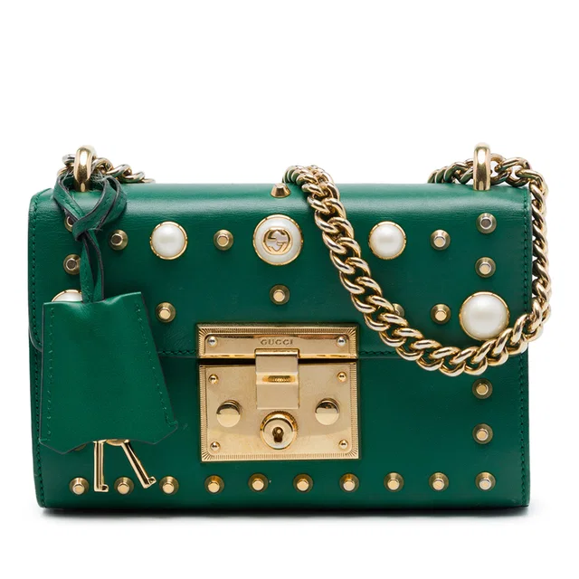 Green Gucci Small Pearl Studded Leather Padlock Crossbody in Green Leather from Designer Revival