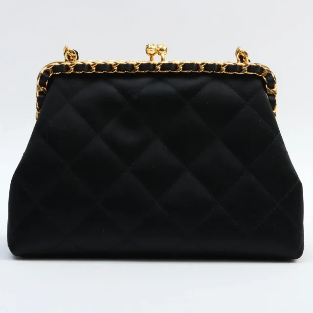 Chanel Circa 1995 Silk Satin CC Mark Kiss-Lock Chain Shoulder Bag, Black in Black Satin from VINTAGE QOO TOKYO, photo 2 of 12