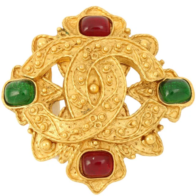 Chanel 1994 Gripoix Design Cutout CC Mark Brooch Gold/Green/Red in Red from VINTAGE QOO TOKYO
