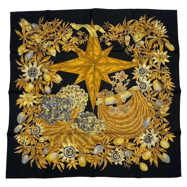 Hermès Scarf Silk Carre 90 Passiflores Passion Flower Black in Black Silk from The Reluxe