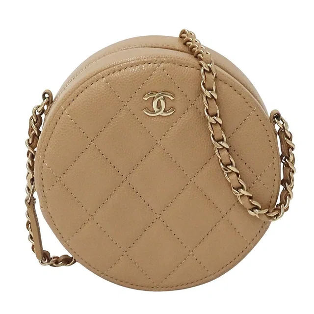 Chanel Quilted Shoulder Bag Caviar Leather Beige Gold Chain Pouch Round in Beige Caviar leather from The Reluxe