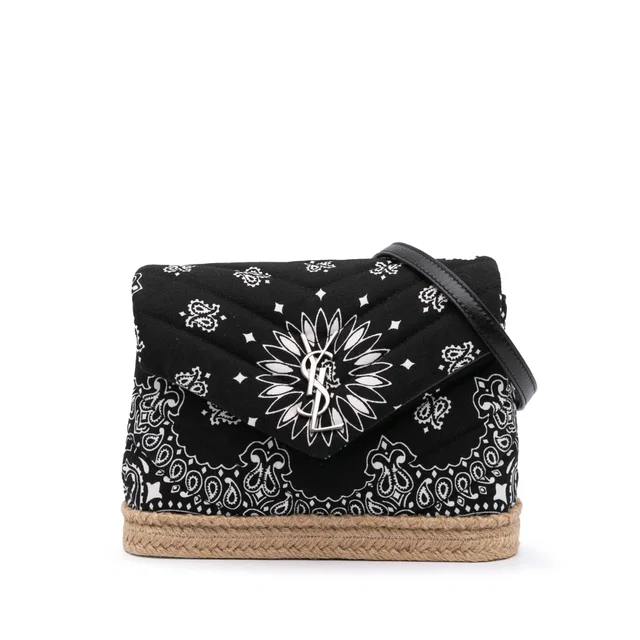 Black Saint Laurent Toy Matelasse Cotton Bandana Print Monogram LouLou Crossbody in Black Raffia from Designer Revival