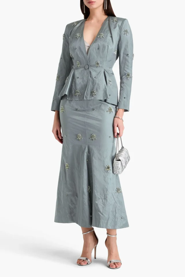Huishan Zhang Crystal-Embellished Crinkled-Satin Peplum Jacket in Grey, photo 2 of 4 from THE OUTNET