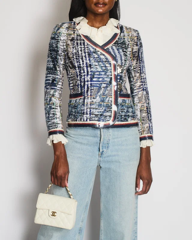 Chanel Spring 2016 White and Blue Vintage Tweed Jacket with Silver CC Logo Buttons Size FR 34 (UK 6) in White Tweed from Sellier