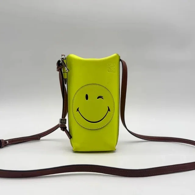 Loewe Shoulder Bag Gate Pocket Pouch Smiley Wink Yellow Brown Leather in Brown Leather from The Reluxe