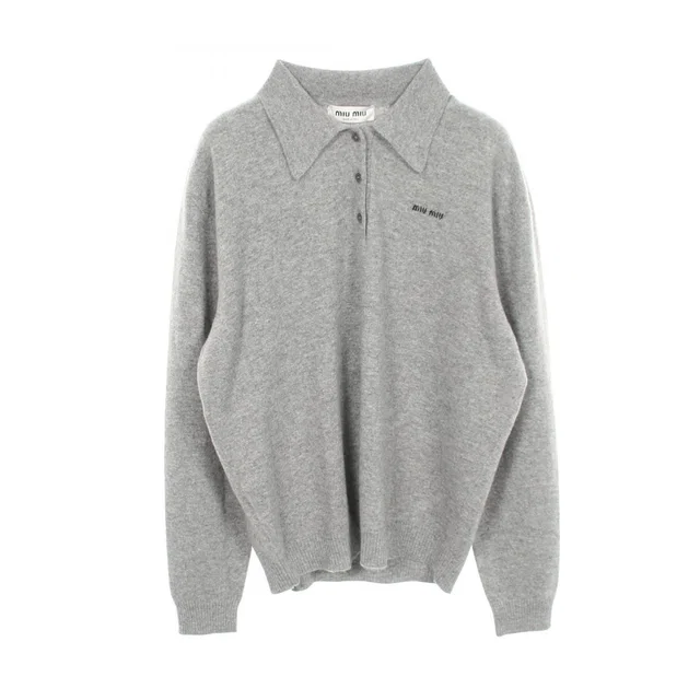 Miu Miu Knit Logo Long Sleeve Polo Cashmere Sweater in Cashmere from The Reluxe