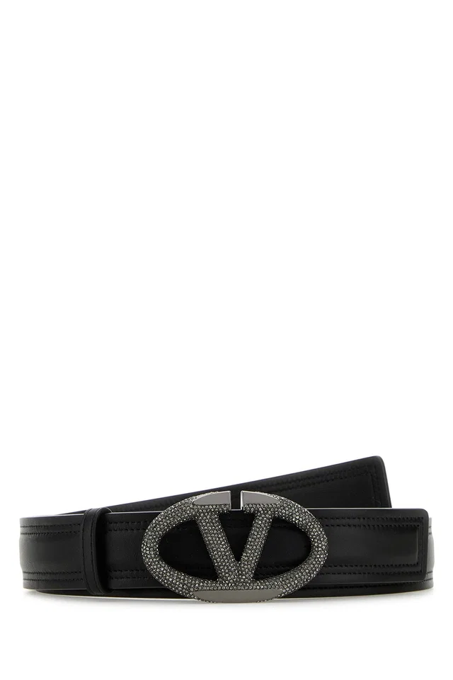 Valentino Garavani Crystal-Embellished Vlogo Buckle Belt — Black Neroblackdiamond Calfleatherbostaurus in Black Calfskin from HEWI