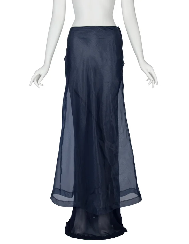 Comme des Garçons Vintage 1997 Navy Blue Organza and Chiffon Layered Sheer Trained Maxi Skirt in Navy from Amarcord Vintage Fashion