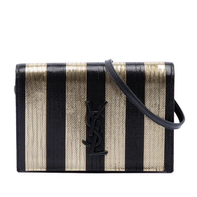 Gold Saint Laurent Metallic Striped Fabric Monogram Kate Crossbody in Gold Leather from Designer Revival