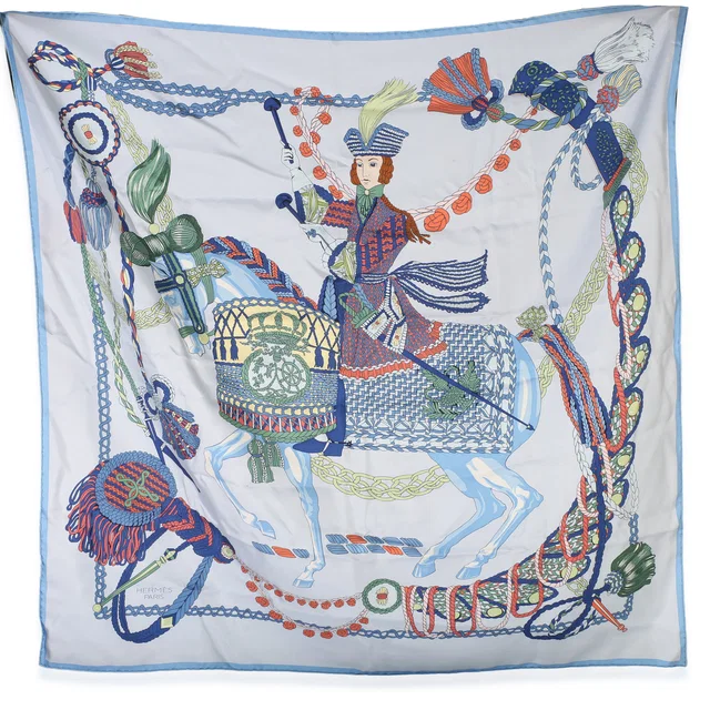 Hermès Bleu Ciel Silk Le Timbalier Scarf 90 in Blue Silk from myGemma