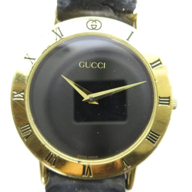 Gucci 3000.2 M Watch Quartz Leather Strap Black Dial Gold in Black Leather from The Reluxe