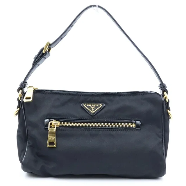 Prada Pouch Handbag Triangle Logo Black Nylon Gold in Black Nylon from The Reluxe